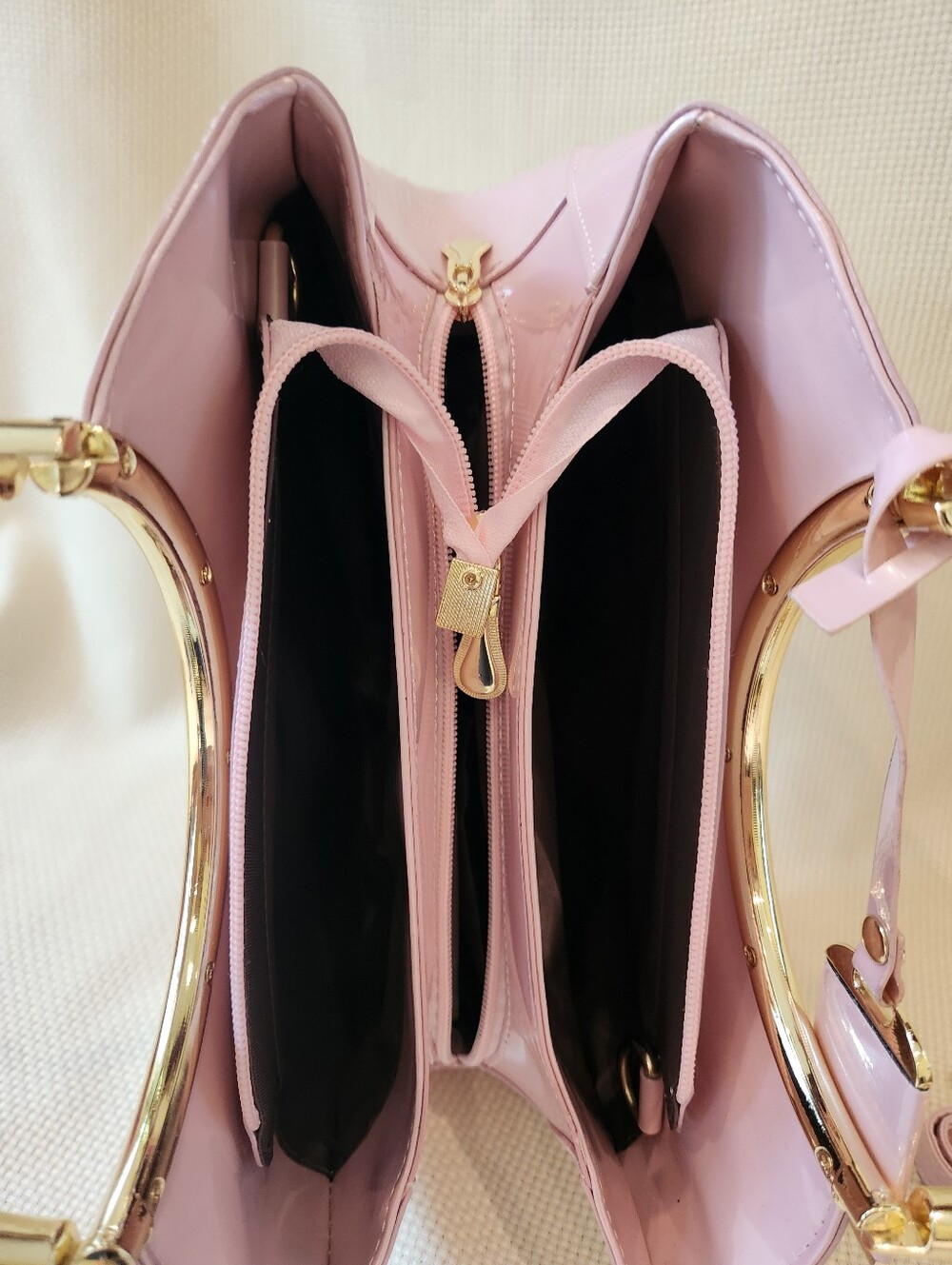 Pink Patent Leather Satchel Gold Ring Top Handle Crossbody Bag Structured Purse - Picture 10 of 16